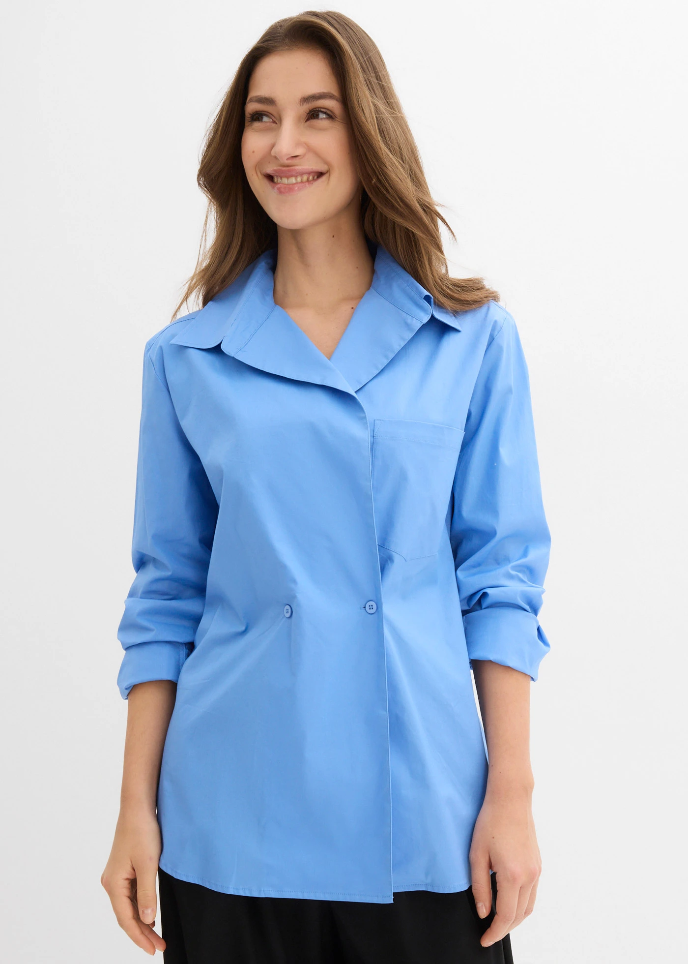 Lange blouse met V-hals • middenblauw • bonprix online shop