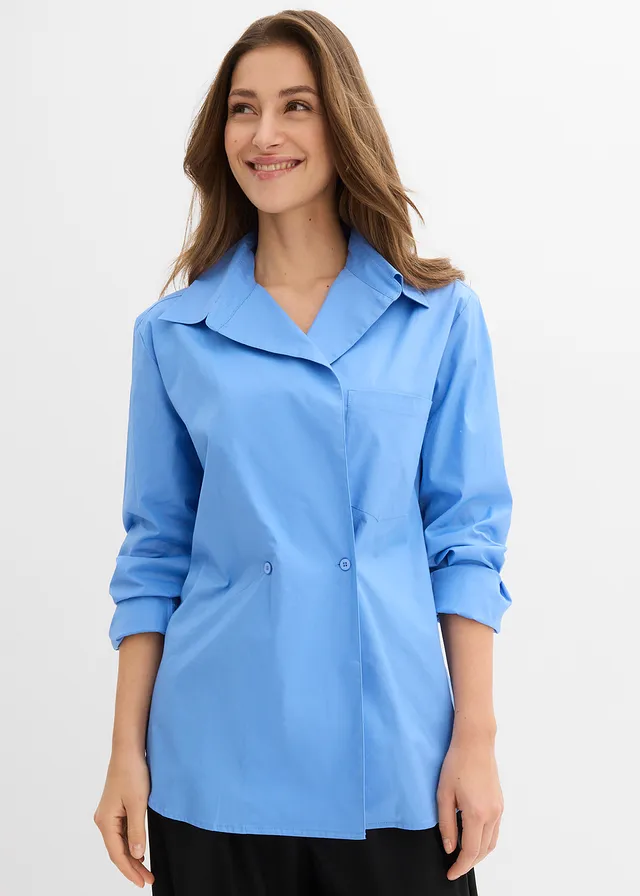 Chemise longue à col en V, Couleur: bleu moyen