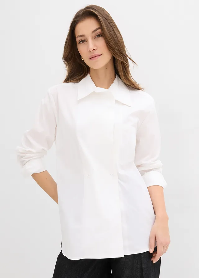 Lange blouse met V-hals, Kleur: wit
