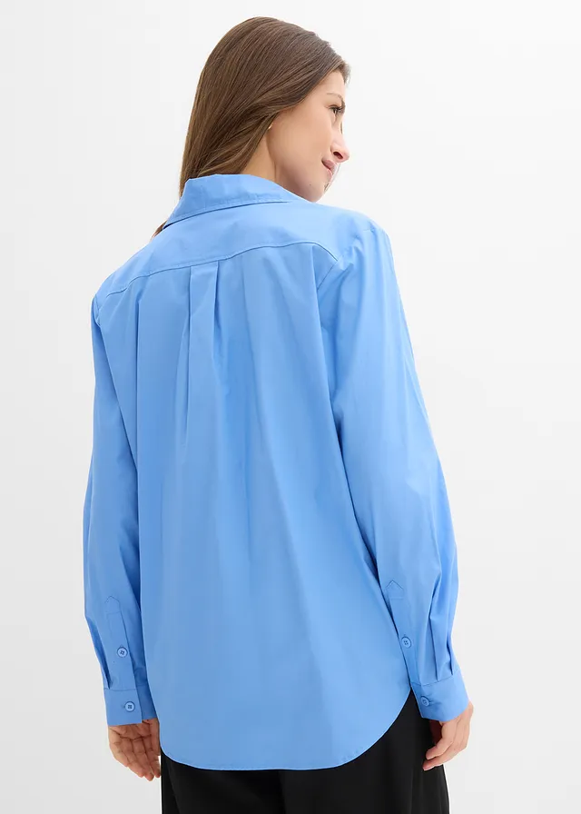 Lange blouse met V-hals, Kleur: middenblauw