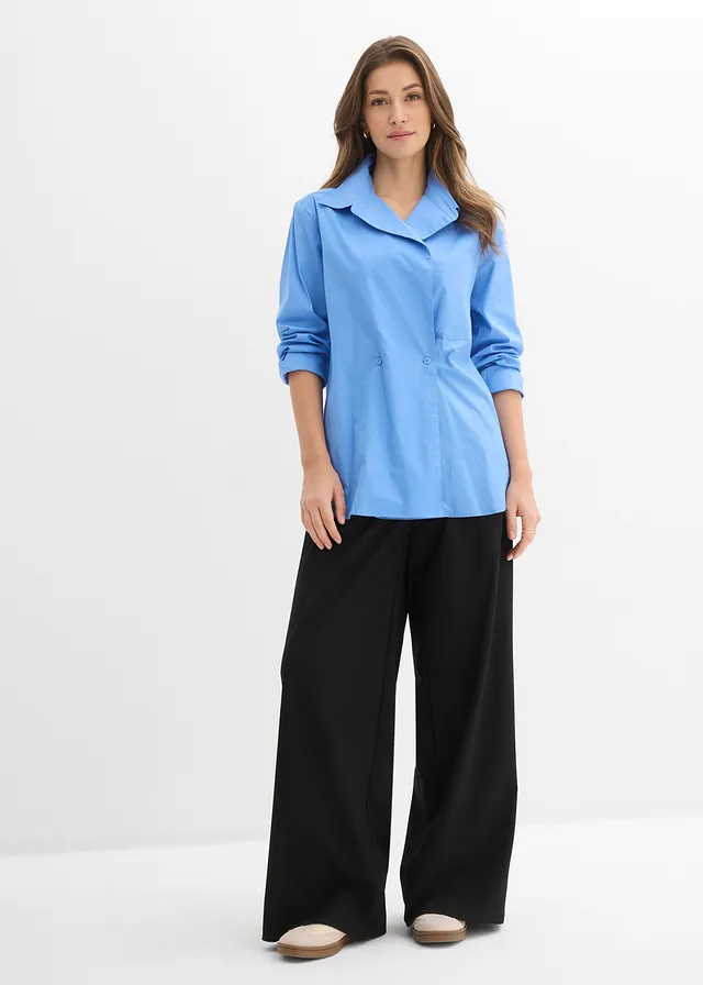 Lange blouse met V-hals, Kleur: middenblauw