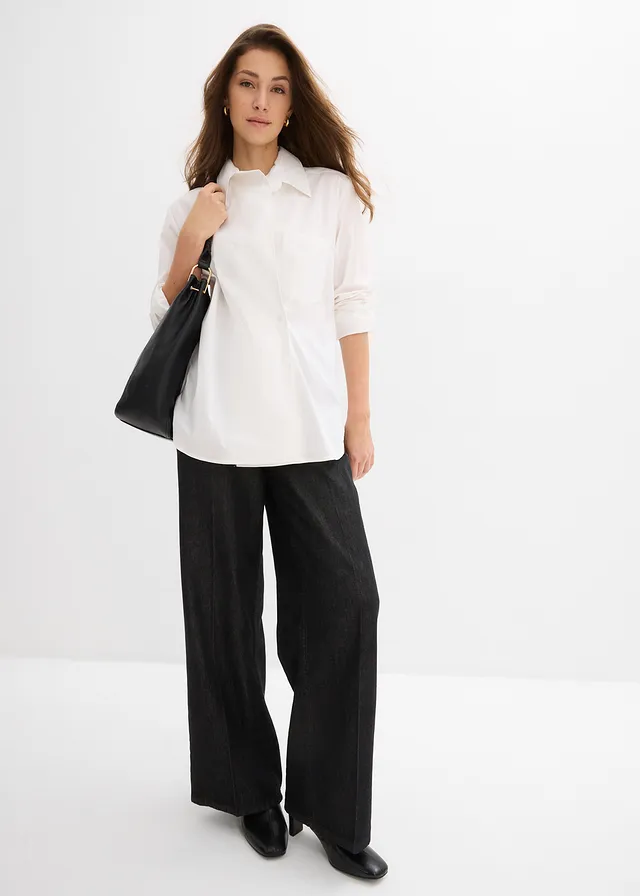 Lange blouse met V-hals, Kleur: wit