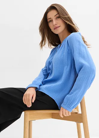 Blouse T-shirt en gaze de coton • bleu moyen • Boutique bonprix