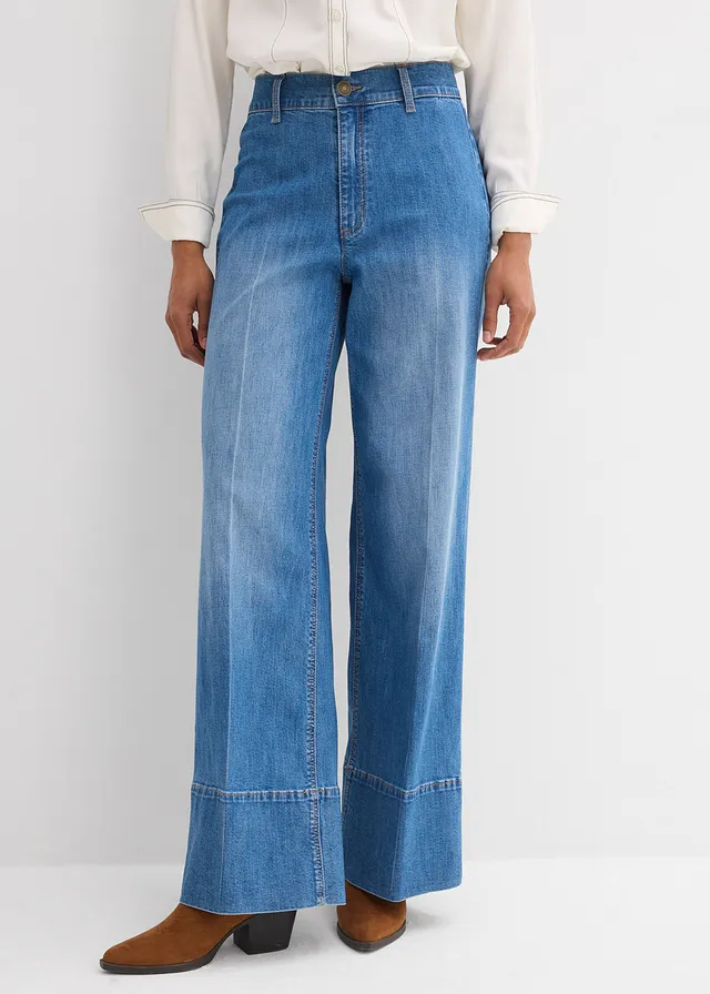 Dżinsy wide leg, high waist, kolor: niebieski denim "used"