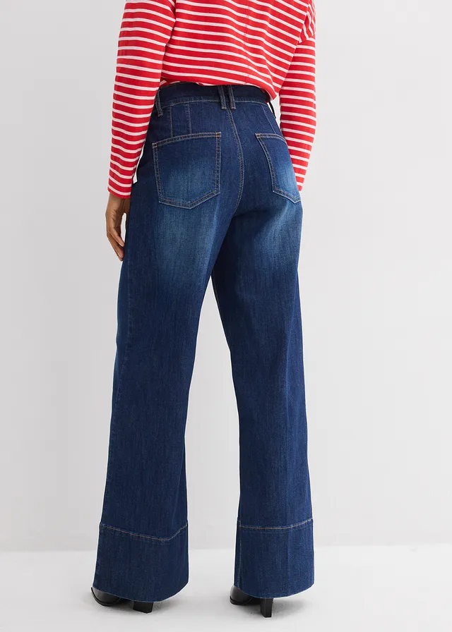 Jean large taille haute, Couleur: bleu foncé denim used
