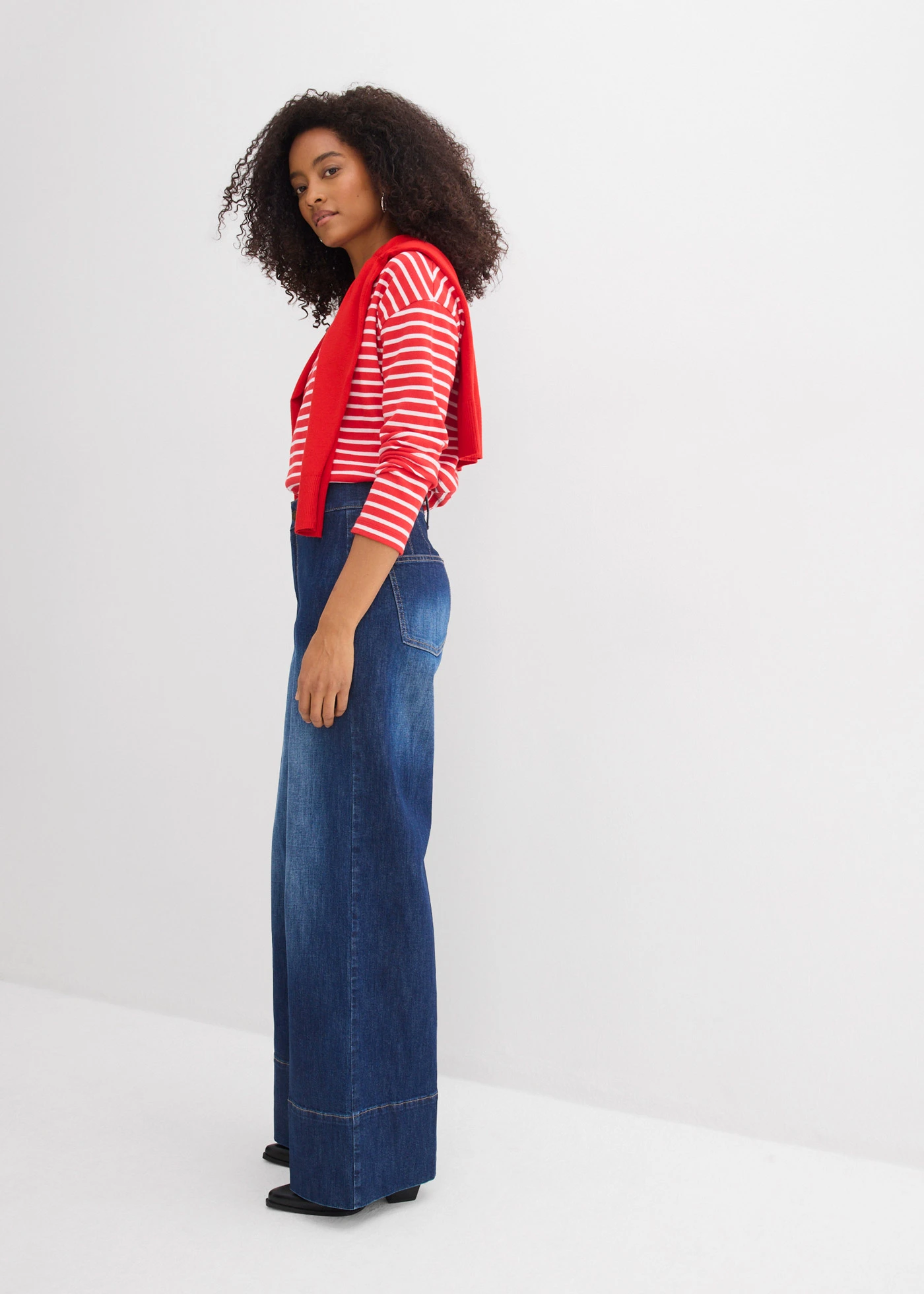 Wide Leg farmer, High Waist • sötétkék denim, használt hatású • bonprix áruház