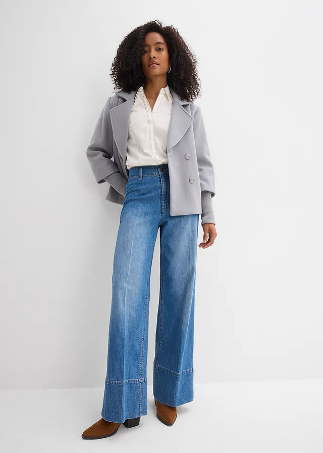 Dżinsy wide leg, high waist, kolor: niebieski denim "used"