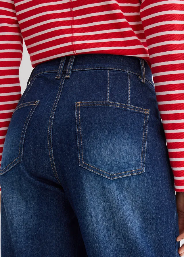 Wide Leg farmer, High Waist • sötétkék denim, használt hatású • bonprix áruház