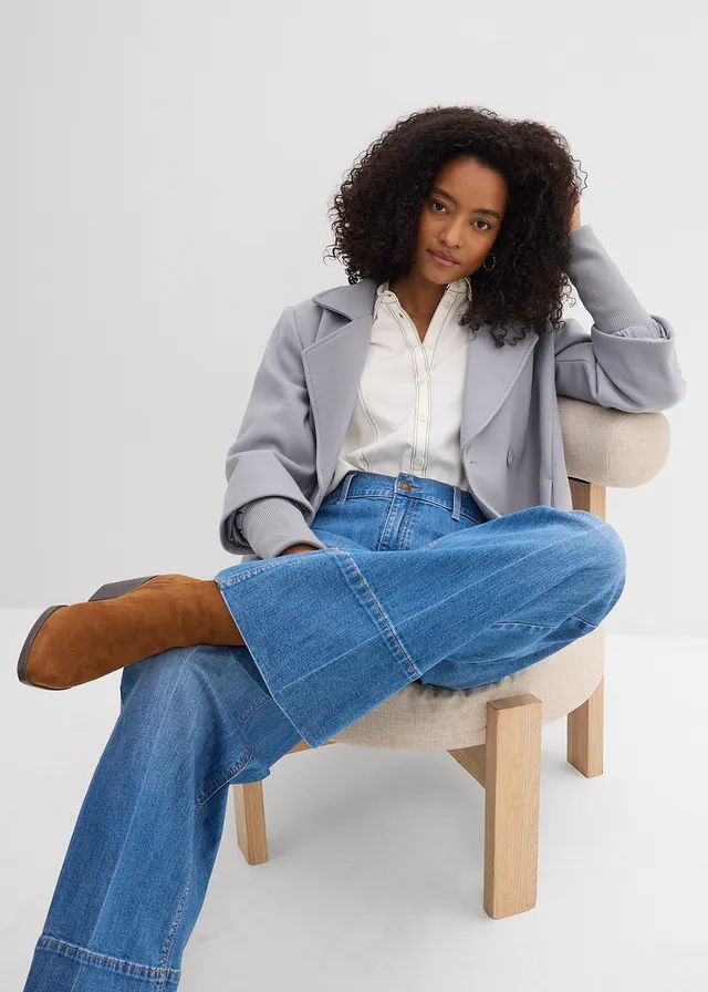 Wide Leg farmer, High Waist • középkék denim, használt hatású • bonprix áruház