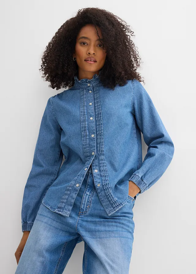 Spijkerblouse van biologisch katoen met volants, Kleur: lichtblauw denim used