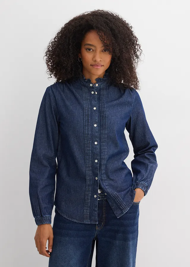 Spijkerblouse van biologisch katoen met volants, Kleur: donkerblauw denim used