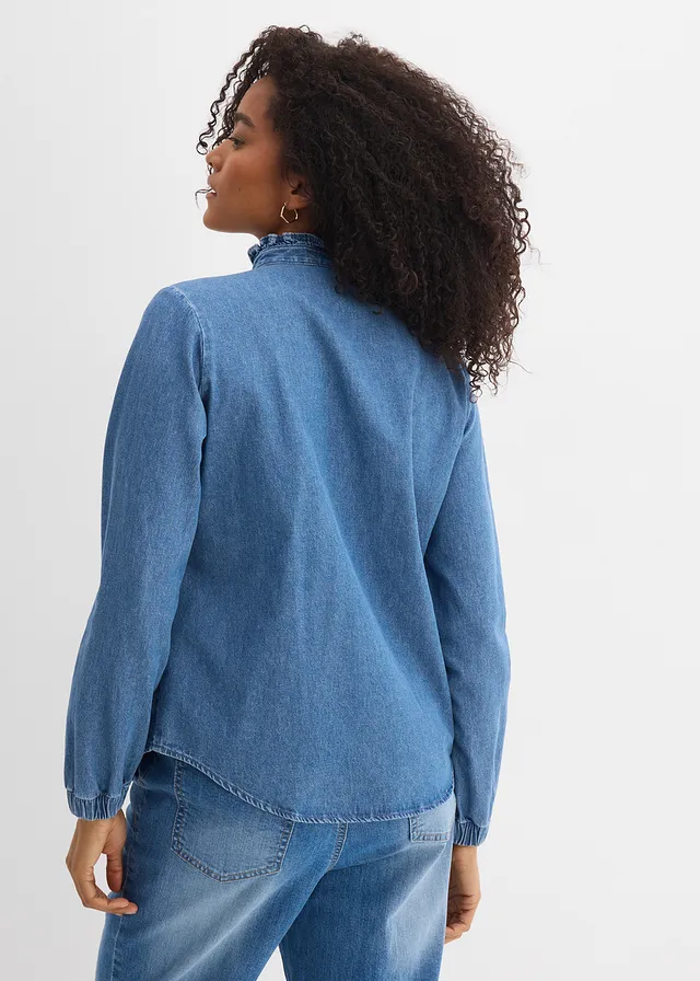Džínová halenka z organické bavlny, s volány, barva: světle modrý denim used