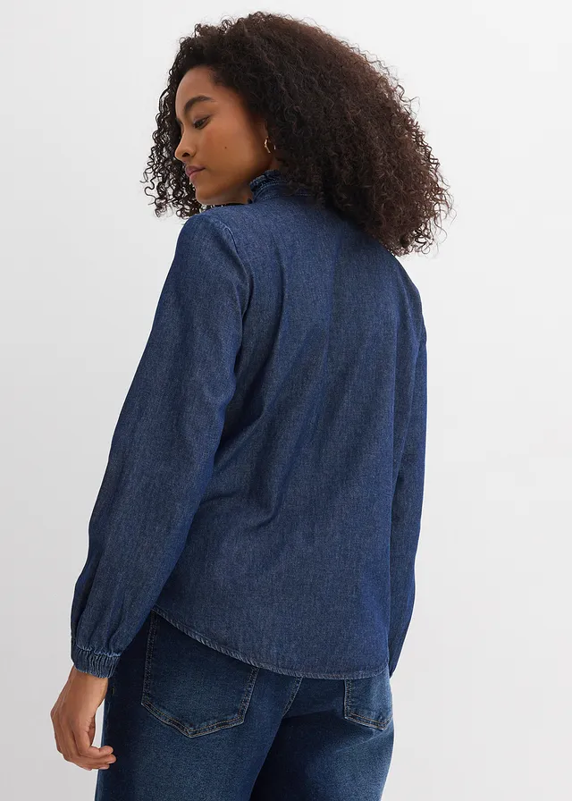 Spijkerblouse van biologisch katoen met volants, Kleur: donkerblauw denim used