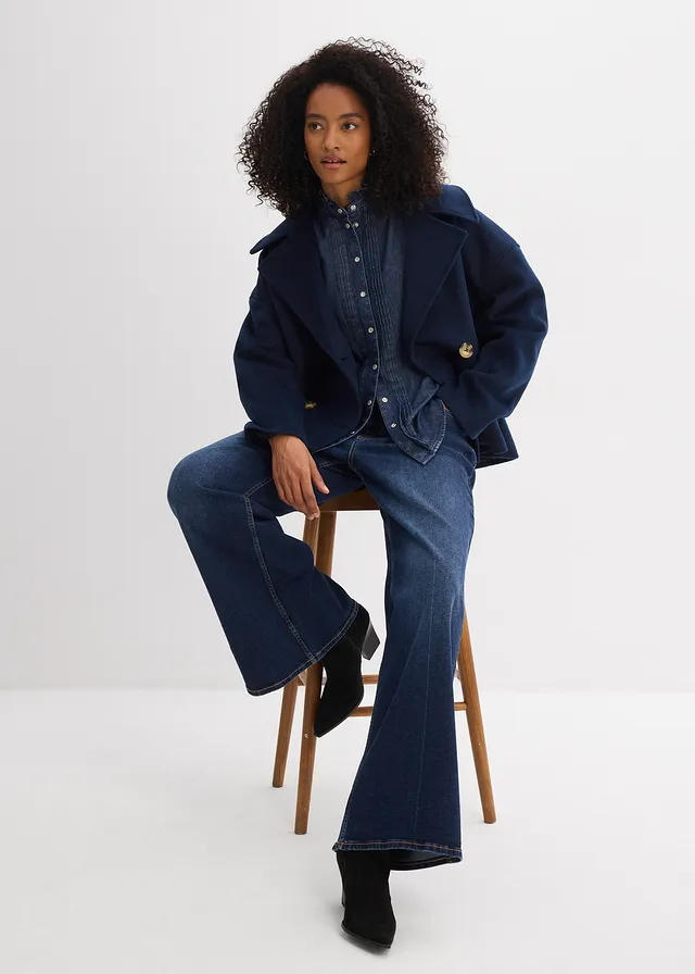 Spijkerblouse van biologisch katoen met volants, Kleur: donkerblauw denim used