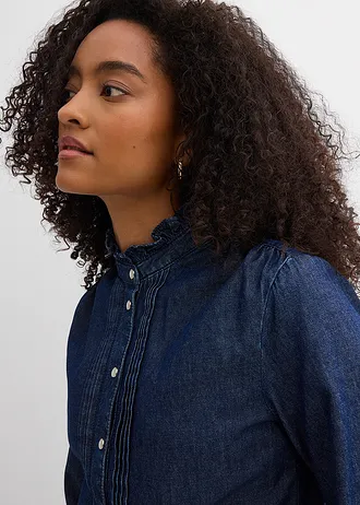 Blouse en jean à finitions volantées • bleu foncé denim used • Boutique bonprix