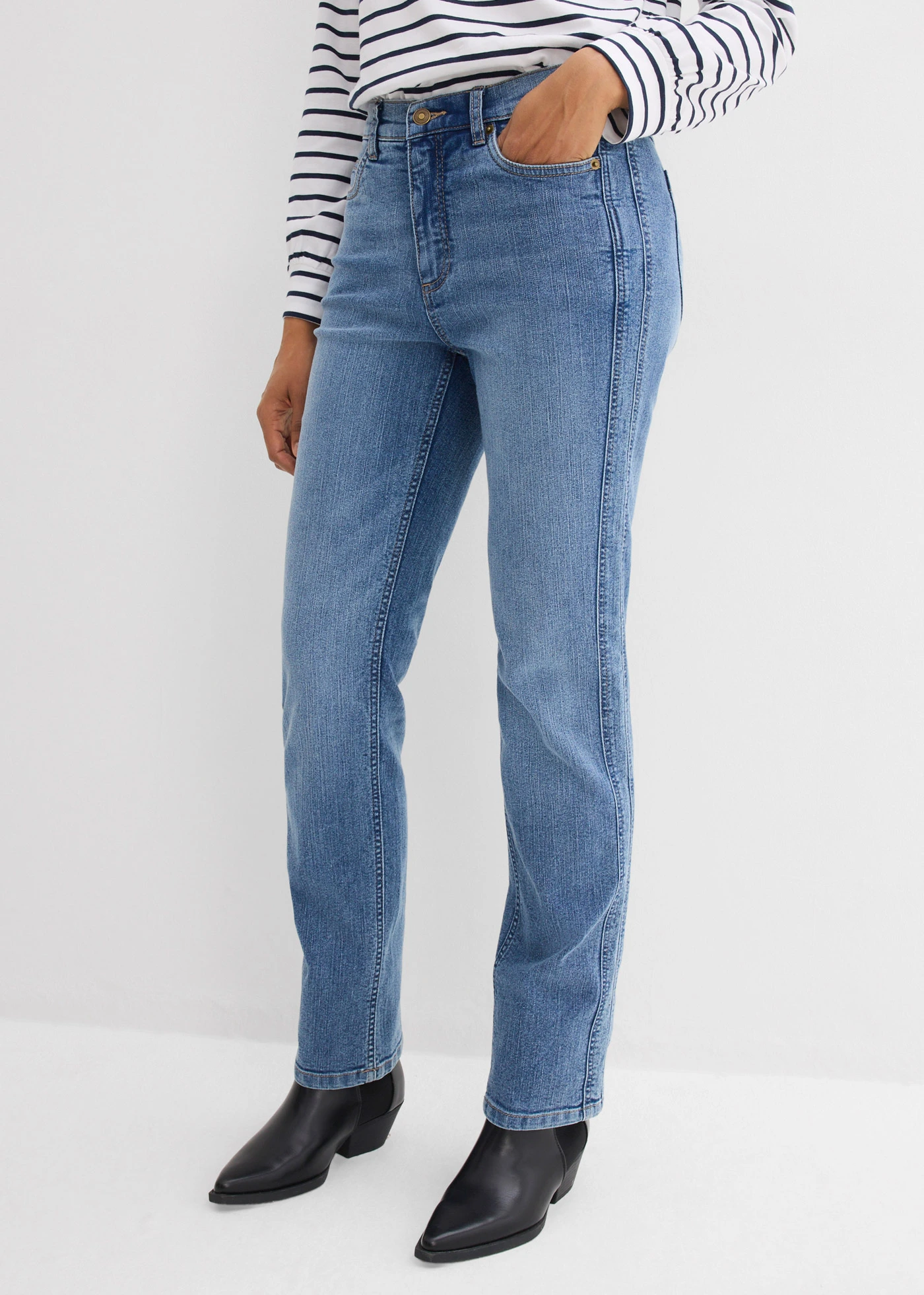 Straight farmer, High Waist • középkék denim, használt hatású • bonprix áruház