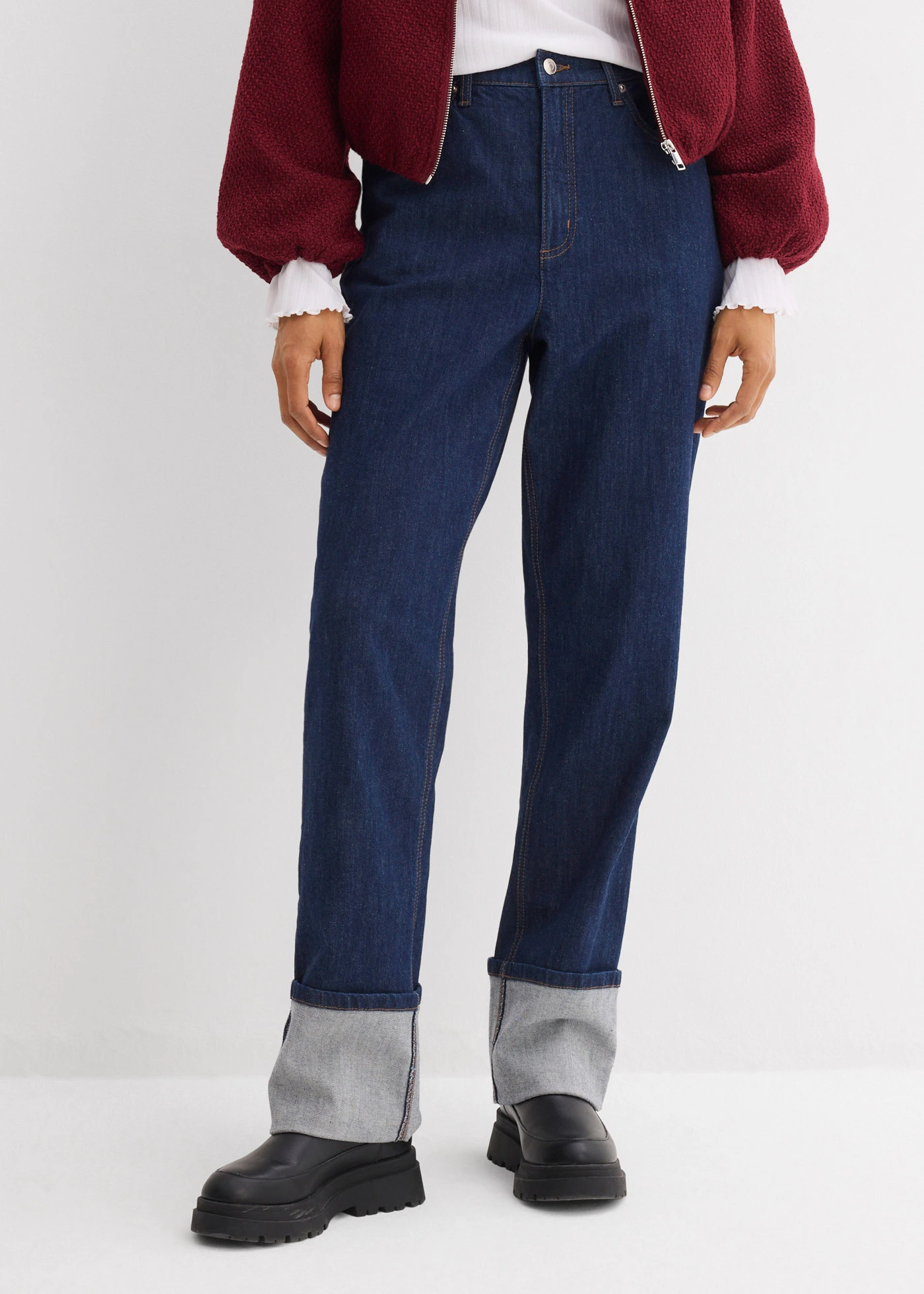 Blugi Loose Straight, High Waist • albastru profund denim neprespălat • magazin bonprix