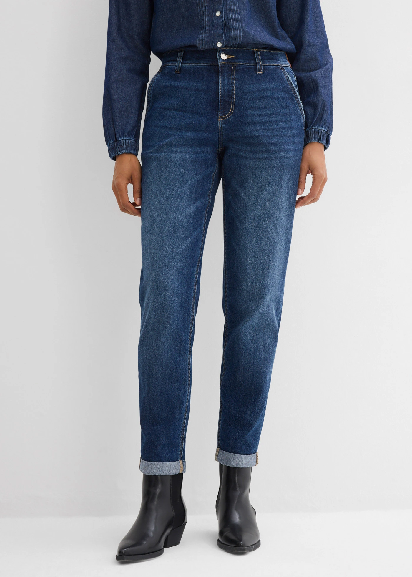 Jean boyfriend taille mi-haute et élastiquée • bleu foncé denim used • Boutique bonprix