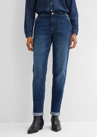 Dżinsy boyfriend, średni stan, gumka w talii, kolor: granatowy denim used