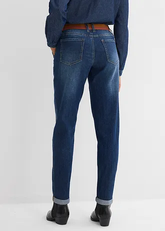 Boyfriend farmer, Mid Waist, gumis derékpánttal • sötétkék denim, használt hatású • bonprix áruház