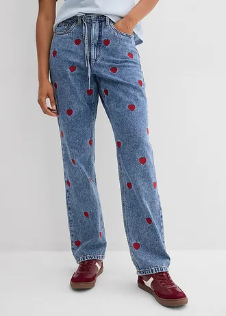 Loose Straight farmer, High Waist, pamut, szín: világoskék denim-piros használt hatású