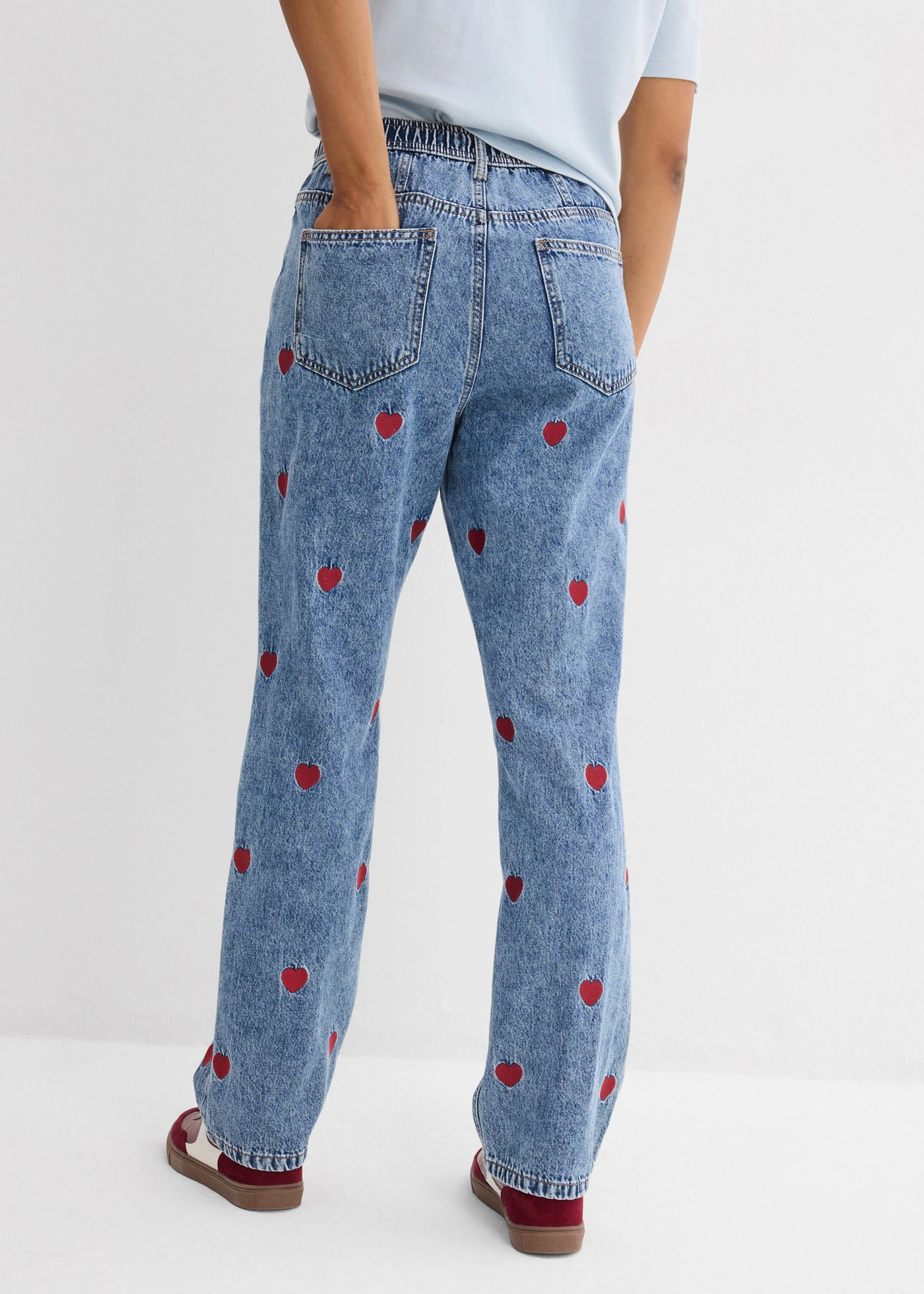 Loose Straight farmer, High Waist, pamut • világoskék denim-piros használt hatású • bonprix áruház
