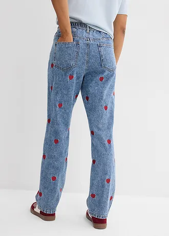 Loose Straight farmer, High Waist, pamut, szín: világoskék denim-piros használt hatású