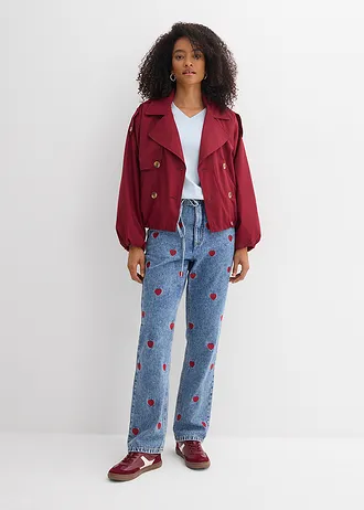 Loose Straight farmer, High Waist, pamut, szín: világoskék denim-piros használt hatású