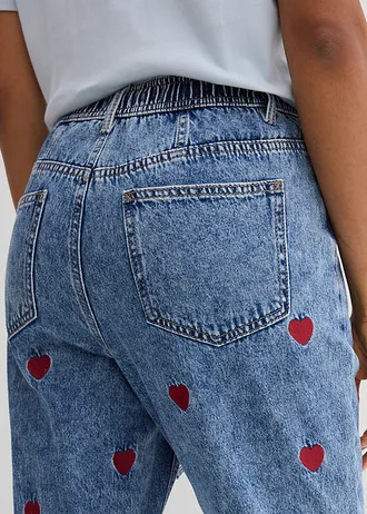 Katoenen loose fit straight jeans, high waist • lichtblauw denim-rood used • bonprix online shop