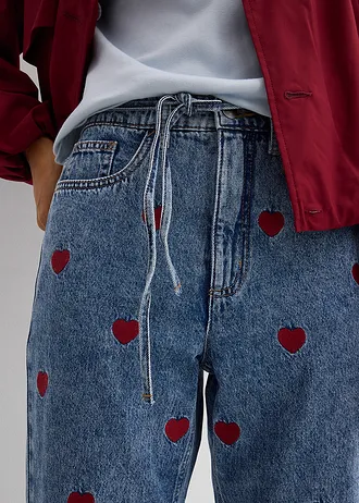 Loose Straight farmer, High Waist, pamut • világoskék denim-piros használt hatású • bonprix áruház