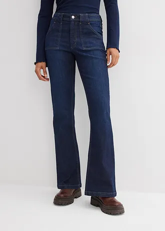 Jeansy dzwony z wysokim stanem, z bawełny organicznej, kolor: granatowy denim used