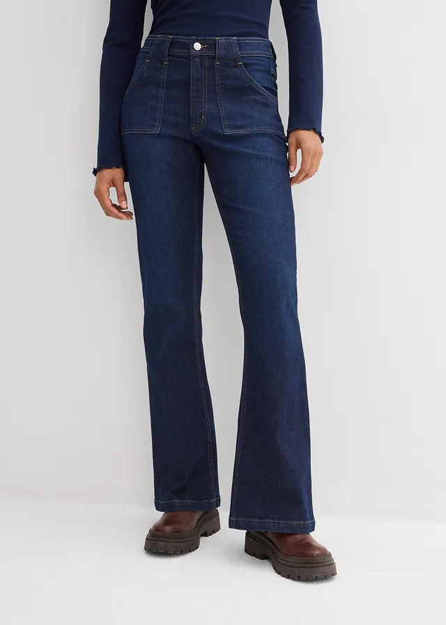 Jean flare taille haute, Couleur: bleu foncé denim used