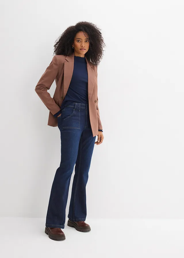 Flared jeans, high waist, biologisch katoen, Kleur: donkerblauw denim used