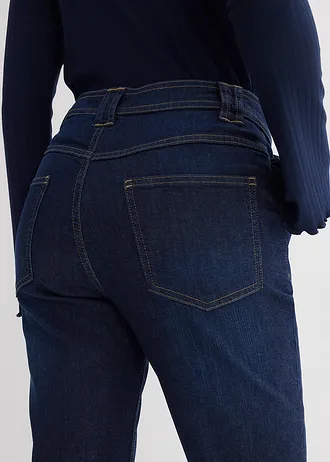 Flared farmer, High Waist, bio-pamuttal • sötétkék denim, használt hatású • bonprix áruház