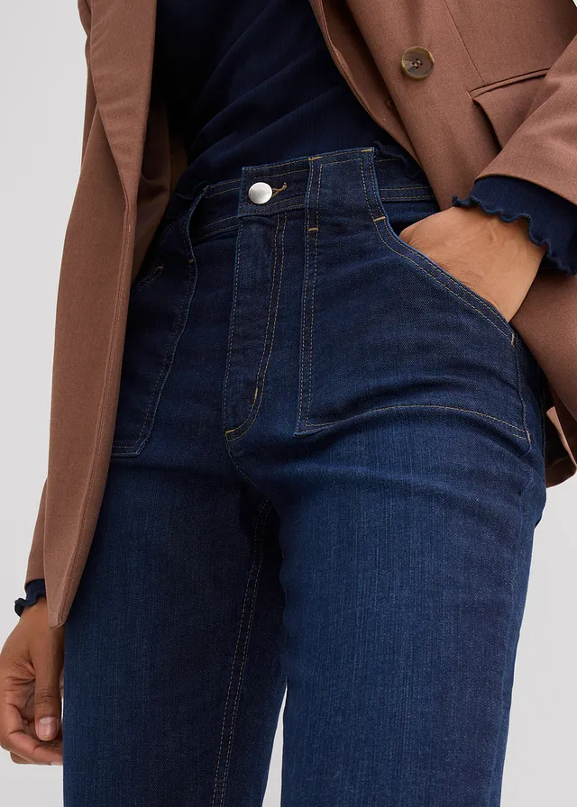 Blugi Flared, High Waist, cu bumbac organic • bleumarin denim uzat • magazin bonprix