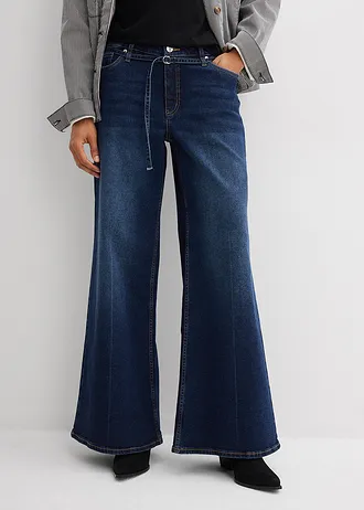 Jeansy z szerokimi nogawkami, mid waist, kolor: granatowy denim used
