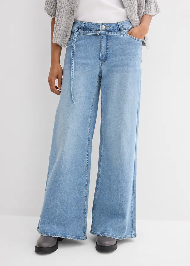 Wide leg jeans, mid waist, Kleur: lichtblauw denim used