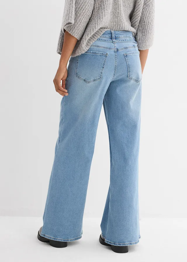 Wide leg jeans, mid waist, Kleur: lichtblauw denim used