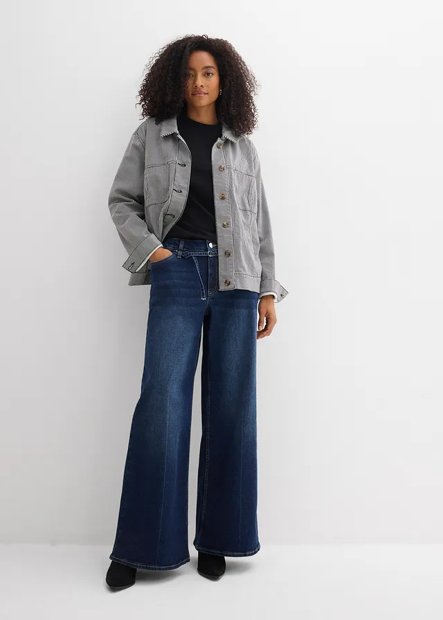 Wide leg jeans, mid waist, Kleur: donkerblauw denim used