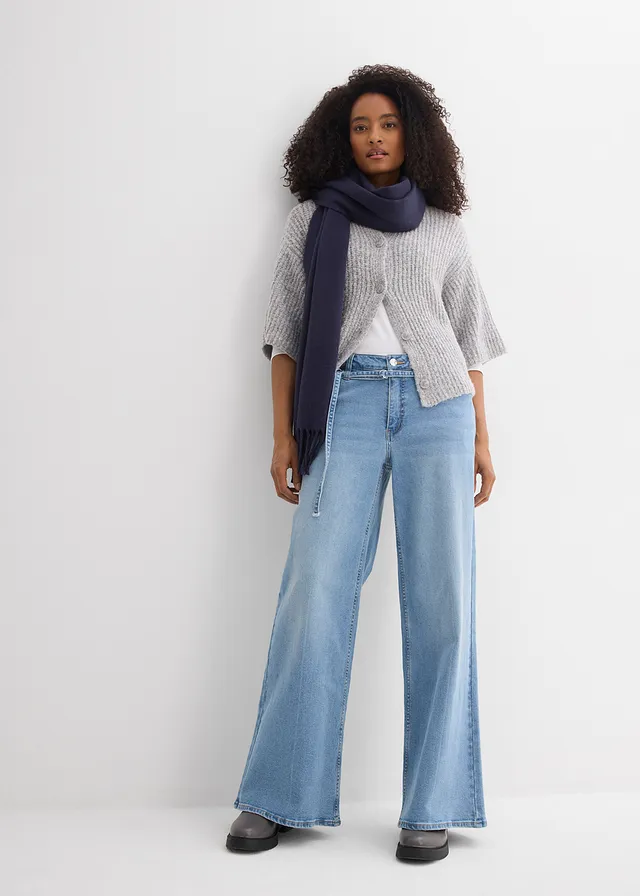 Wide leg jeans, mid waist, Kleur: lichtblauw denim used