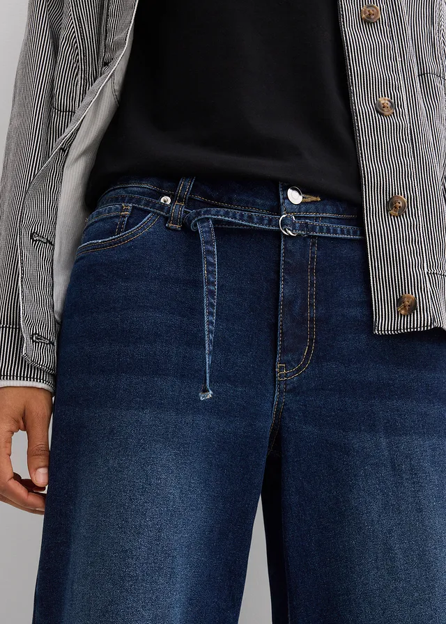 Jeansy z szerokimi nogawkami, mid waist • granatowy denim used • sklep bonprix