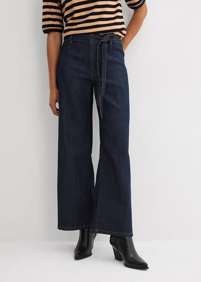 Široké džínsy, High Waist, cropped, farba: tmavomodrá denim