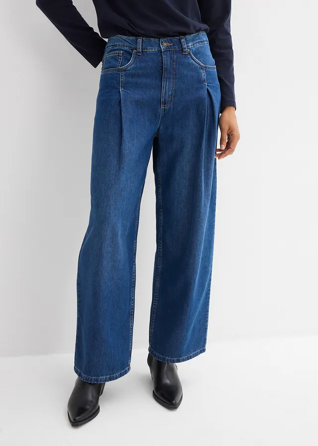 Jean large taille haute, Couleur: bleu denim used