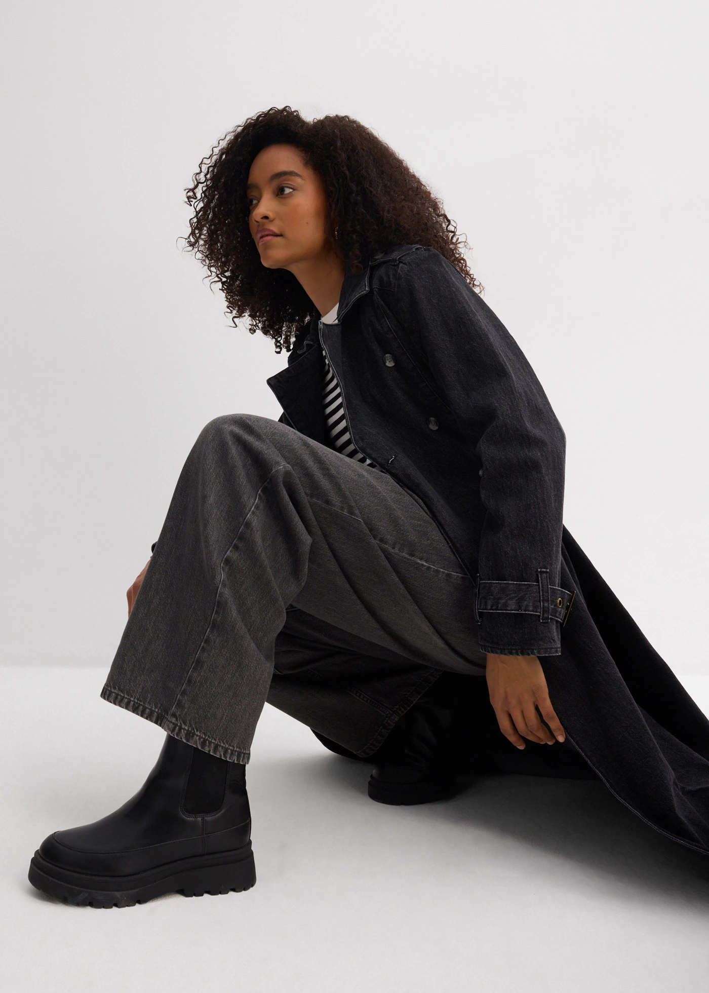 Wide Leg farmer, High Waist • szürke denim, használt hatású • bonprix áruház