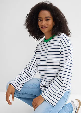 T-shirt manches longues 100% coton • blanc-bleu profond-vert gazon • Boutique bonprix