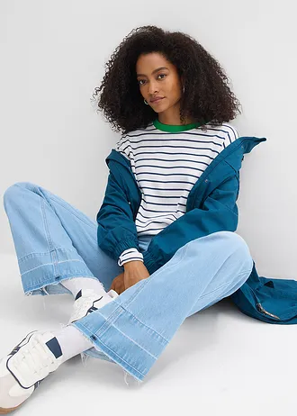 Bluză oversized cu mâneci lungi din bumbac organic 100% • alb/verde natural/albastru profund dungat • magazin bonprix