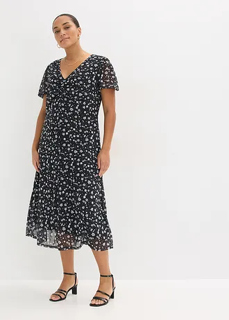 Jersey jurk van fijn mesh, Kleur: zwart gebloemd