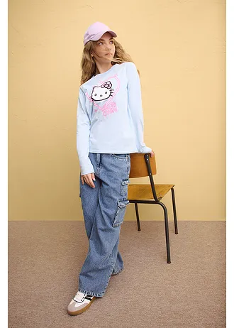 Bluză cu mâneci lungi Hello Kitty din bumbac 100% • albastru pudrat cu imprimeu • magazin bonprix