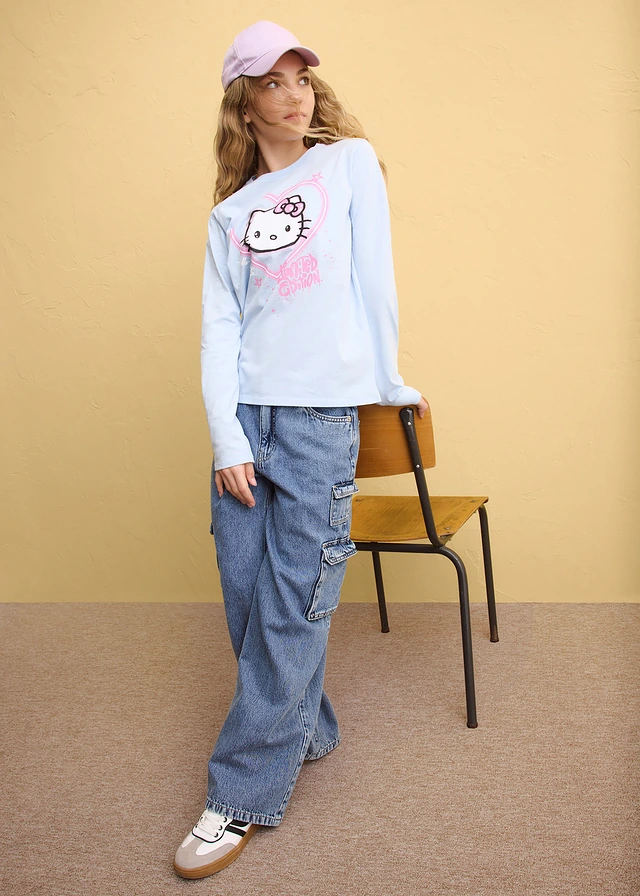 Hello Kitty hosszú ujjú póló tiszta pamutból • púderkék-mintás • bonprix áruház