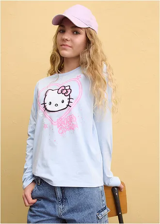 Bluză cu mâneci lungi Hello Kitty din bumbac 100% • albastru pudrat cu imprimeu • magazin bonprix